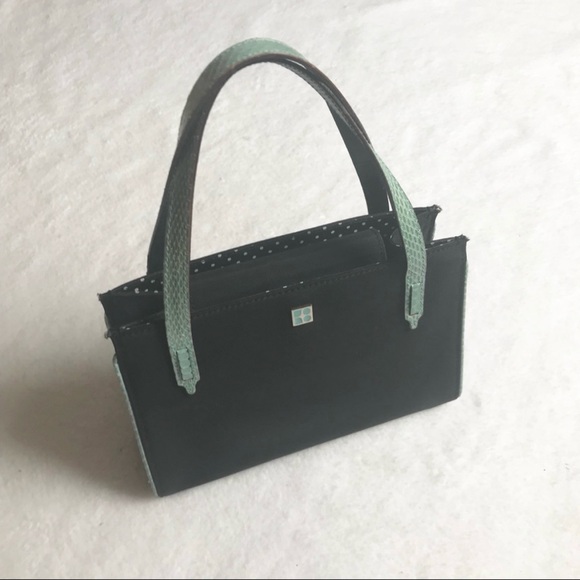 VTG Y2K Kate Spade Mini Sam Bag, Black Satin with Green Snakeskin Trim - Picture 2 of 5